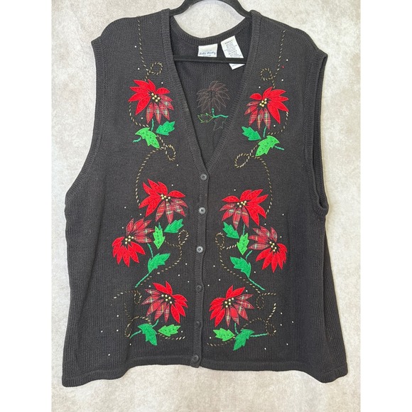 VTG Bobbie Brooks Woman Holiday Poinsettia Embroidered Knit Vest 22/24 - Picture 1 of 5